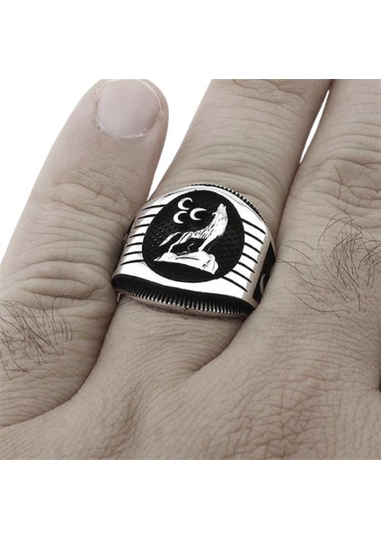 Erkek Yüzük Gümüş 925 Kurt Figürlü Üç Hilal fiyatları
