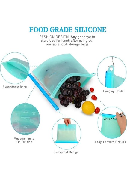 Mavi 3000ML Stili Ekstra Büyük L Silikon Gıda Tasarrufu Torbaları Yeniden Kullanılabilir Silikon Gıda Saklama Torbası Sandviç, Sıvı, Atıştırmalık, Et, Sebze (Yurt Dışından)