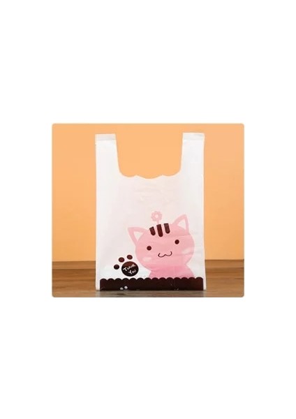 Pembe Kedi Stili 10X32CM Beyaz Renk Saplı Çantalar Sevimli Karikatür Kedi Desen Plastik Yelek Çanta Içecek Paket Servisi Paketleme Çantası Küçük Mücevher Içecek Çantası (Yurt Dışından)