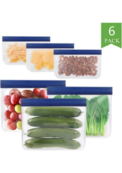 6 Adet Tarzı Peva Silikon Gıda Saklama Çantası Yeniden Kullanılabilir Lacivert Dondurucu Çanta Sızdırmaz Kilitli Çanta Mutfak Organizatör Taze Tutma Çantası (Yurt Dışından)