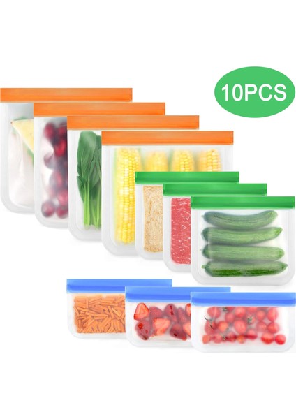 Mavi Yeşil Turuncu Tarzı 10 Parça Peva Gıda Sınıfı Fermuar Kilidi Aperatif Sandviç Kozmetik Depolama Eko Yeniden Kullanılabilir Ekstra Kalın Dondurucu Çanta (Yurt Dışından)
