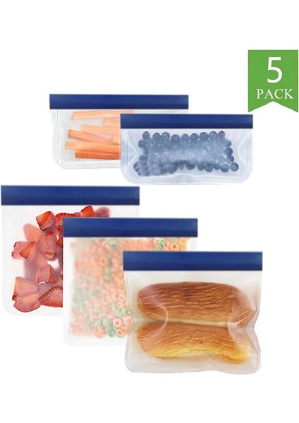 5 Adet Tarzı Peva Silikon Gıda Saklama Çantası Yeniden Kullanılabilir Lacivert Dondurucu Çanta Sızdırmaz Kilitli Çanta Mutfak Organizatör Taze Tutma Çantası (Yurt Dışından)