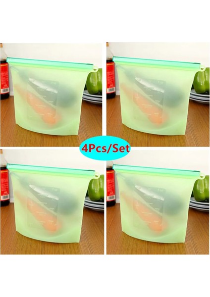 4 Adet Yeşil Stil 1000ML 23,5X18CM ml Silikon Gıda Saklama Torbaları Yeniden Kullanılabilir Gıda Taze Tutma Torbası Mühür Kilitli Dondurucu Taze Pişirme Torbaları (2&4'lü Set) (Yurt Dışından)