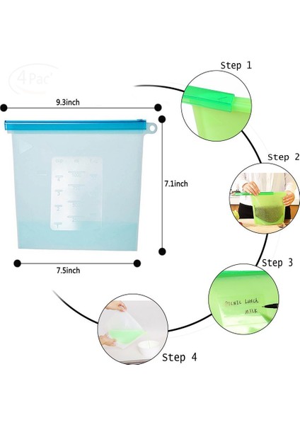 4 Adet Yeşil Stil 1000ML 23,5X18CM ml Silikon Gıda Saklama Torbaları Yeniden Kullanılabilir Gıda Taze Tutma Torbası Mühür Kilitli Dondurucu Taze Pişirme Torbaları (2&4'lü Set) (Yurt Dışından) indirimleri