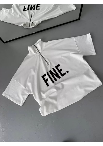 Baskılı Yarım Fermuarlı T-Shirt - Beyaz fiyatları