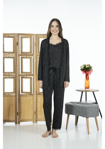 Kadın 3 Parça Sabahlıklı Desenli Likra Viskon Pijama Takımı - Siyah