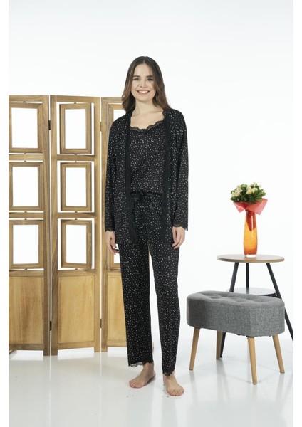 Kadın 3 Parça Sabahlıklı Desenli Likra Viskon Pijama Takımı - Siyah fiyatları