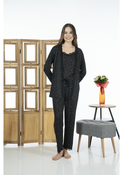 Kadın 3 Parça Sabahlıklı Desenli Likra Viskon Pijama Takımı - Siyah indirimleri