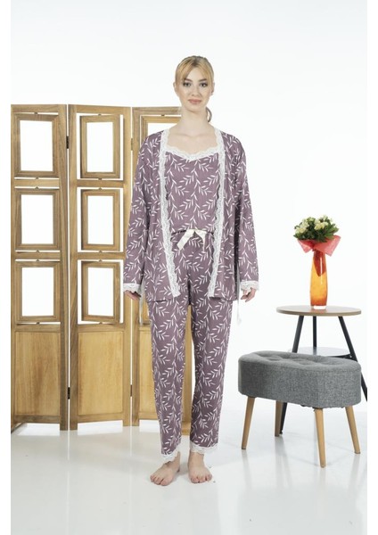 Kadın 3 Parça Sabahlıklı Desenli Likra Viskon Pijama Takımı - Mor