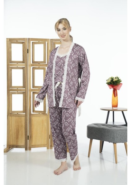 Kadın 3 Parça Sabahlıklı Desenli Likra Viskon Pijama Takımı - Mor modelleri