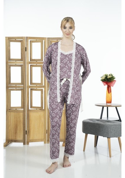 Kadın 3 Parça Sabahlıklı Desenli Likra Viskon Pijama Takımı - Mor fırsatları