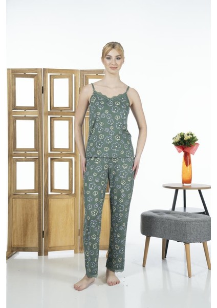 Kadın Çiçek Desenli Ip Askılı Likra Viskon Yazlık Pijama Takımı - Yeşil fiyatları