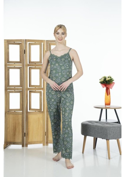 Kadın Çiçek Desenli Ip Askılı Likra Viskon Yazlık Pijama Takımı - Yeşil modelleri