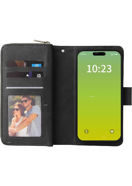 Iphone 15 Artı Cüzdan Durumda 9 Kart Yuvaları ile Fermuar Cep Flip (Yurt Dışından)