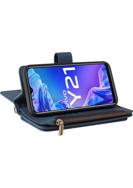 Vıvo Y21/Y33S Için Kılıf Pu Deri Manyetik Kapatma Onbeş Kart Yuvaları Fermuar Cep Telefon Kılıfı (Yurt Dışından)
