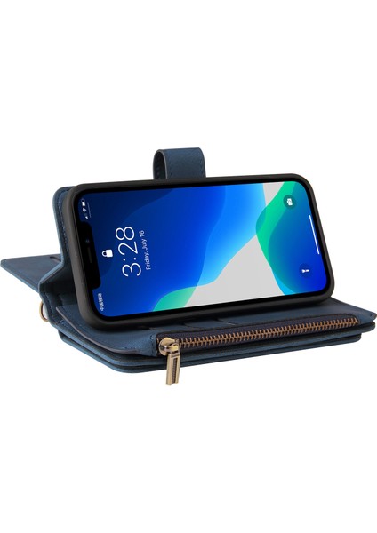 iPhone 13 Pro Max Için Kılıf Pu Deri Manyetik Kapatma Onbeş Kart Yuvaları Fermuar Cep Telefon Kılıfı (Yurt Dışından)