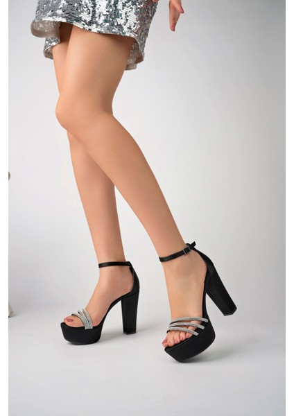 Dolgu Taban Taşlı Siyah Saten Kadın Ayakkabı