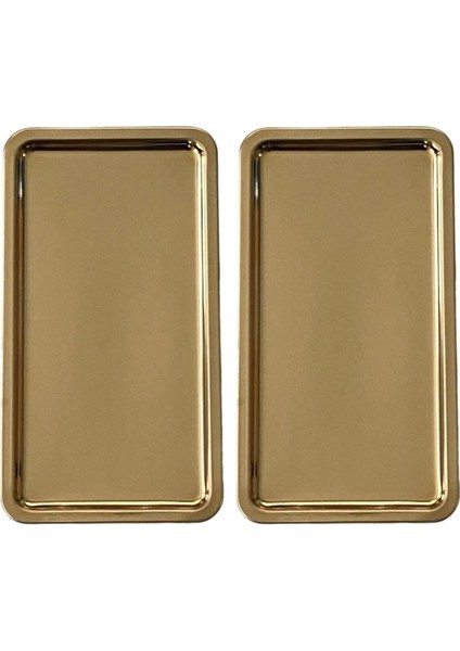 Paslanmaz Çelik Gold Renk Dikdörtgen Geniş Metal Düz Sunum Tepsisi Çay Kahve Tatlı Sunum 2 Adet