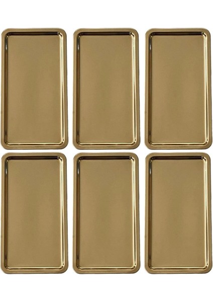 Paslanmaz Çelik Gold Renk Dikdörtgen Geniş Metal Düz Sunum Tepsisi Çay Kahve Tatlı Sunum 6 Adet