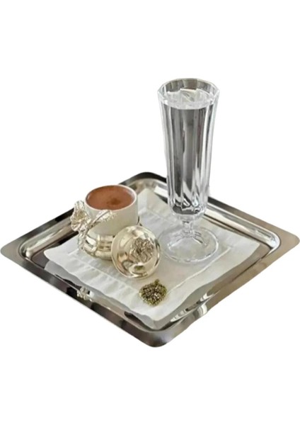 Paslanmaz Çelik Gümüş Renk Sunum Tepsisi 21 X21 cm Çay Kahve Pasta Tatlı Servis Sunum Tepsisi 4 modelleri