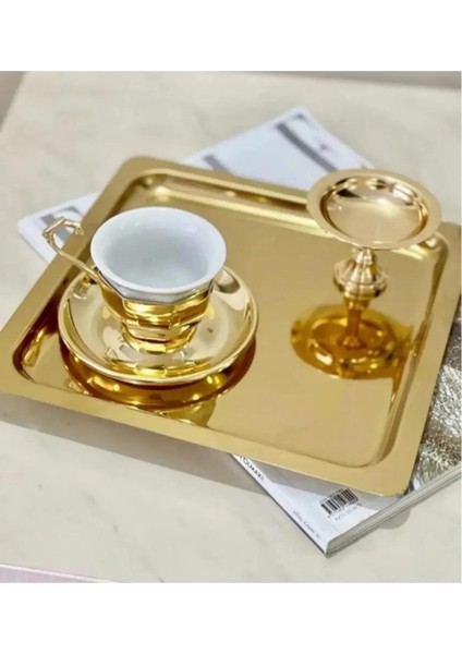 Paslanmaz Çelik Gold Renk Sunum Tepsisi 21 X21 cm Çay Kahve Pasta Tatlı Servis Sunum Tepsisi 2 Adet