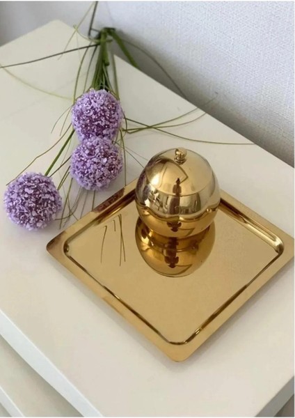 Paslanmaz Çelik Gold Renk Sunum Tepsisi 21 X21 cm Çay Kahve Pasta Tatlı Servis Sunum Tepsisi 2 Adet