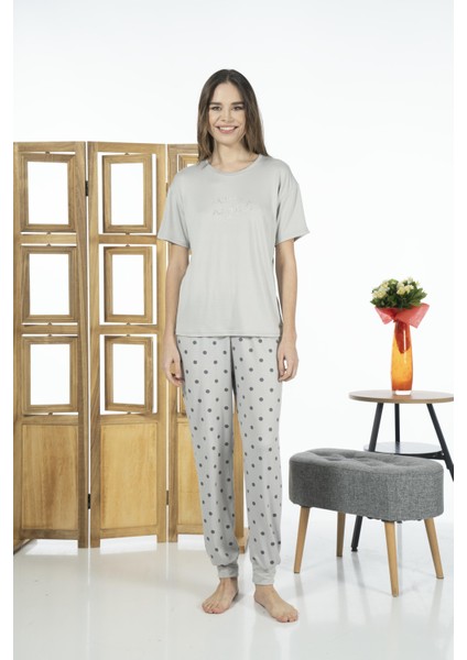 Kadın Puantiyeli Soft Kumaş Yazlık Pijama Takımı - Gri fiyatları