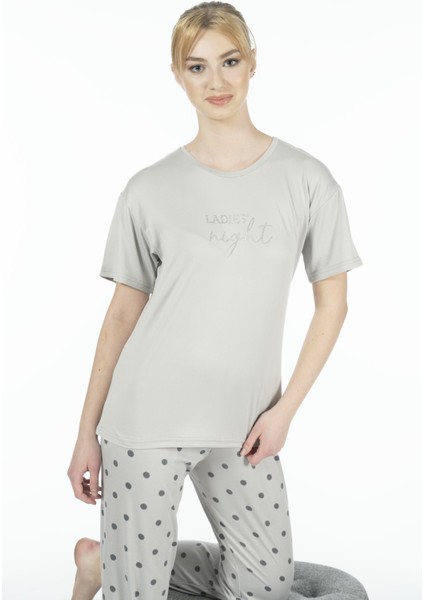 Kadın Puantiyeli Soft Kumaş Yazlık Pijama Takımı - Gri fırsatları