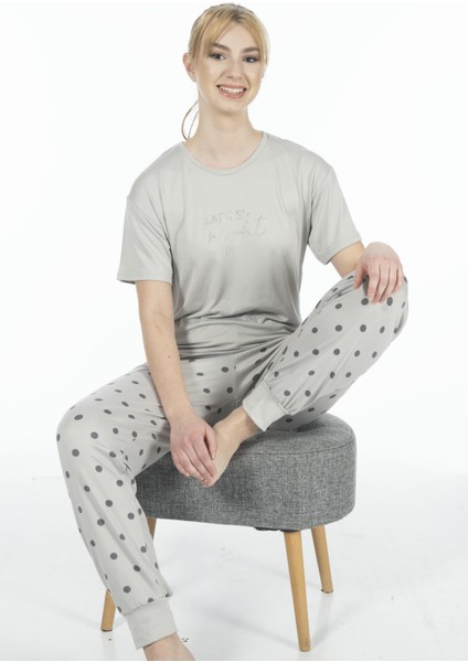 Kadın Puantiyeli Soft Kumaş Yazlık Pijama Takımı - Gri indirimleri