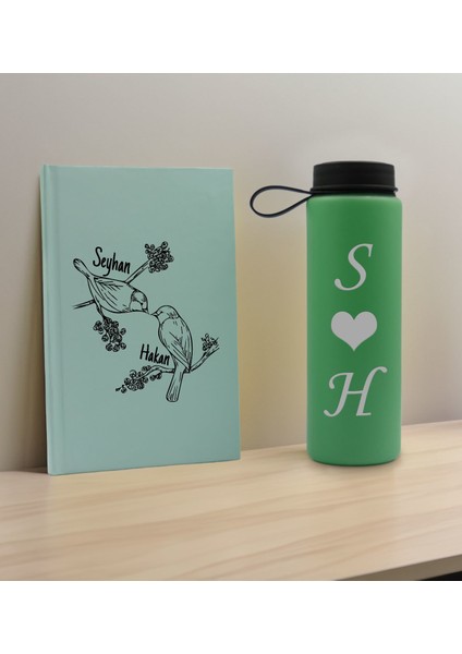 Sevgiliye Özel Isimli Su Yeşili Defter ve Yeşil Cam Matara Hediye Seti-11, Sevgiliye Hediye, Sevgililer Günü, Yeni Iş Hediyesi