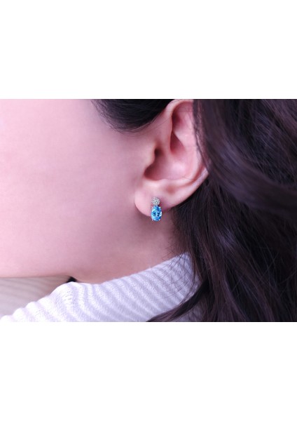 Pırlanta ve Oval Mavi Topaz Taşlı Küpe 0404E0087