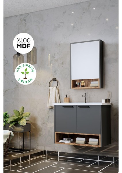 Banyo Karanfil 80 cm Antrasit Lavabolu Banyo Dolabı Aynalı Üst Dolap