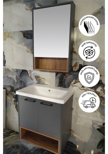 Banyo Karanfil 80 cm Antrasit Lavabolu Banyo Dolabı Aynalı Üst Dolap fiyatları