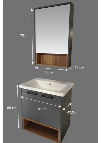 Banyo Karanfil 80 cm Antrasit Lavabolu Banyo Dolabı Aynalı Üst Dolap modelleri