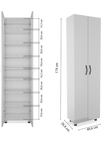2 Kapaklı 8 Raflı Çok Amaçlı Mutfak Dolabı, Banyo Dolabı, Çok Amaçlı Dolap, Beyaz 49x174x29 cm