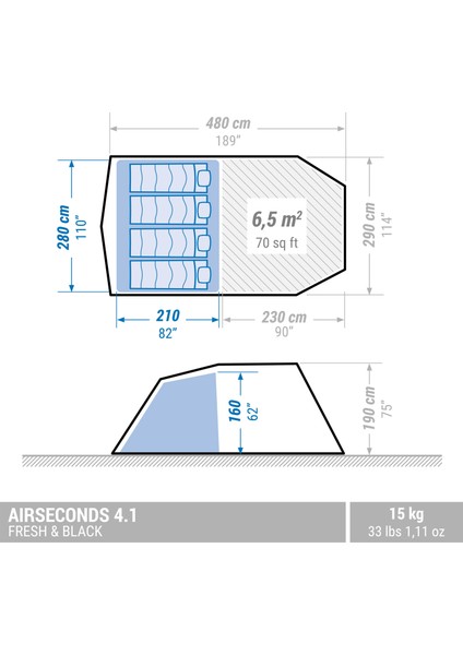 4 Kişilik Şişirilebilir Kamp Çadırı - 1 Odalı - Arpenaz 4.1 Fresh & Black