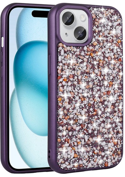 - Apple iPhone 15 - Kılıf Parlak Taşlı Tasarım Linea Kapak - Derin Mor