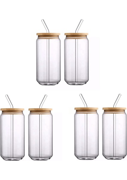 [ 6 Adet Set ] Bambu Kapaklı Cam Bardaklar ve - Bira Kutusu Şekilli Içme Bardakları, 16 Oz Buzlu Kahve Bardakları (Yurt Dışından)