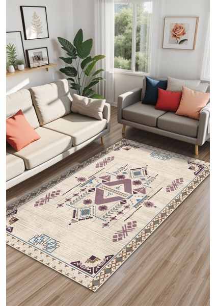 Plum Kadife Yıkanabilir Kaymaz Pamuk Tabanlı Kilim Salon Halısı