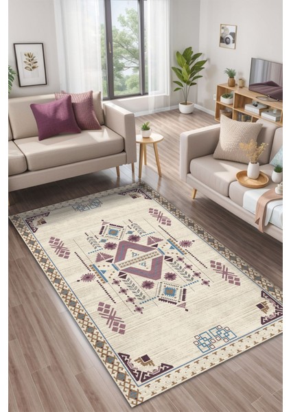 Plum Kadife Yıkanabilir Kaymaz Pamuk Tabanlı Kilim Salon Halısı