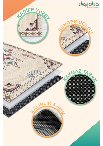 Plum Kadife Yıkanabilir Kaymaz Pamuk Tabanlı Kilim Salon Halısı