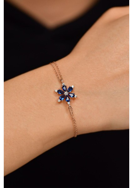 Safir Taşlı Rose Lotus Çiçeği Gümüş Bileklik