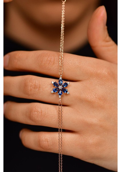 Safir Taşlı Rose Lotus Çiçeği Gümüş Bileklik