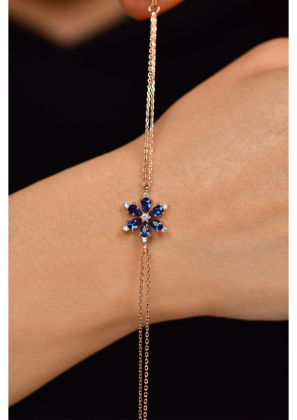 Safir Taşlı Rose Lotus Çiçeği Gümüş Bileklik