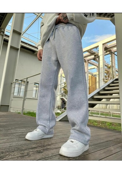 Gri Baggy Bol Kesim 3 Iplik Pamuklu Geniş Paça Eşofman Alt