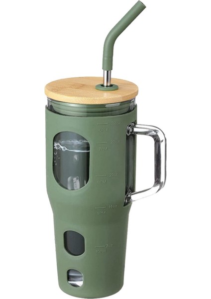 Bambu Kapaklı ve Pipetli Cam Bardak, Saplı, Zaman Işaretli ve Silikon Kılıflı Yeniden Kullanılabilir Bardak (Yurt Dışından)