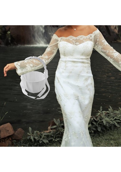 Romantik Beyaz Saten Ilmek Inci Çiçek Kız Sepeti Düğün Töreni Partisi (Yurt Dışından)