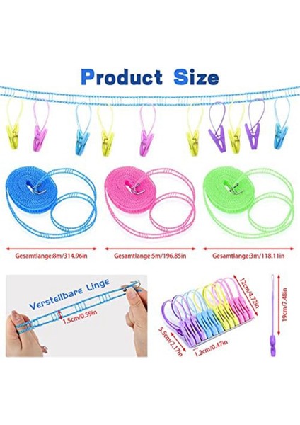 Bahçe, Seyahat, Karavan Veya Karavan Için 3'lü Yıkamasız Ip Paketi, 3 / 5 / 8 M, 24 Askılı Askılı (Yurt Dışından) fiyatları