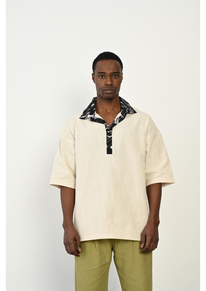 R-3953 Yarım Pat Yaka Garni Detaylı Keten Gömlek