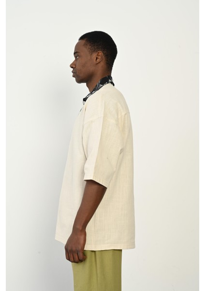 R-3953 Yarım Pat Yaka Garni Detaylı Keten Gömlek fiyatları